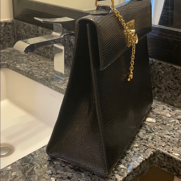 ❌SOLD❌Vintage CELINE lizard Kelly hand bag black gold - Picture 7 of 14